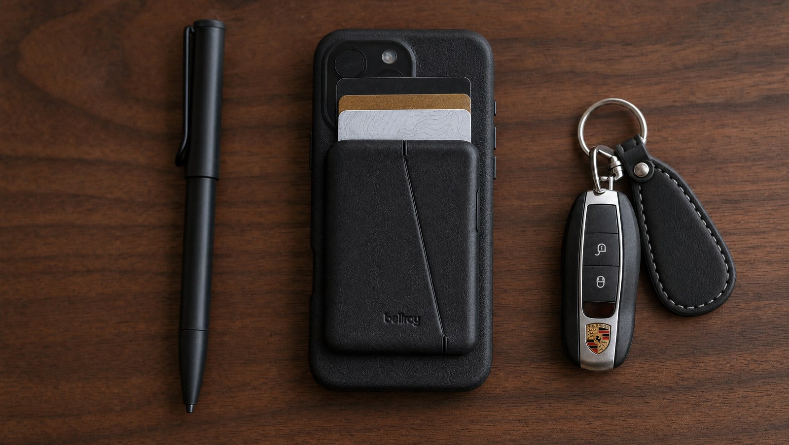 Bellroy Mod leather MagSafe wallet on a desk