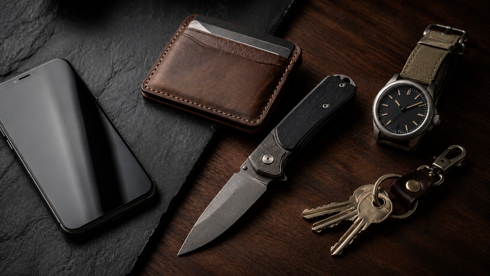 EDC flat lay with wallets